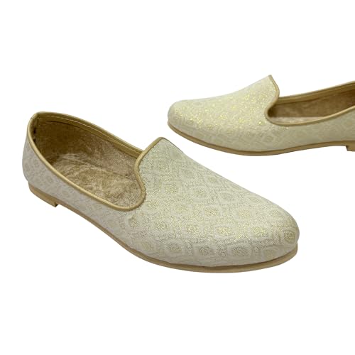 Image of Punjabi Mojaris Mens Shoes Cream Wedding for Groom,Traditional Indian Footwear Ethnic Peshawari Slippers