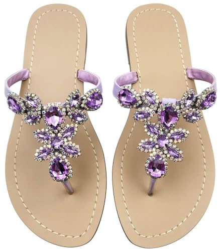 Image of Rhinestone Sandals for Women - Sparkly Jeweled Bling Thong Flip Flops, Dressy Gemstone Flat Sandals for Wedding, Party, Beach & Summer Outfits