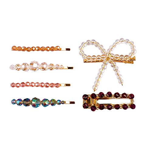 Diamond Hair Clip,Pearl Rhinestone Duckbill Women Barrettes 6 Pack Gold Different Shapes Bowknot No-slip Clamps Decorative Accessories