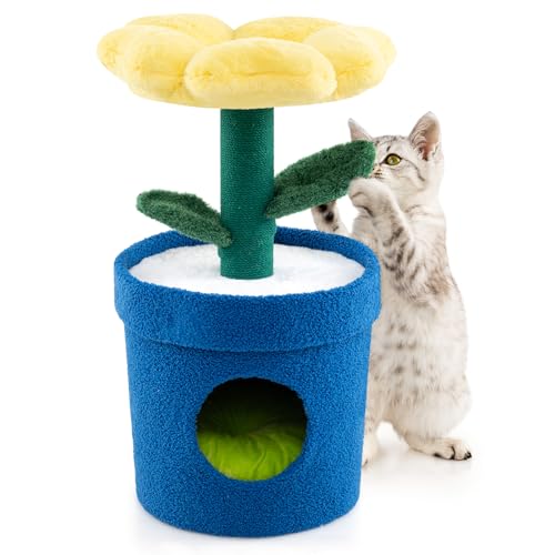 COSTWAY Albero per Gatti con Posatoio a Forma di Fiore, Condominio a Forma di Vaso, Tiragraffi a Forma di Stelo, Foglie Flessibili, Centro di Attività Versatile per Animali Domestici (Giallo)