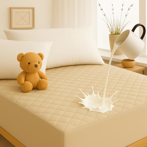 Image of Waterproof Cotton Quilted - Breathable, Hypoallergenic, Noiseless Ultra Soft Fitted Bed Cover with 3 Layers of Protection, 100% Waterproof, No-Slip Design | Beige, Single (36 * 78)