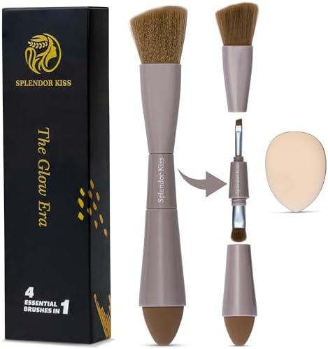 Splendor Kiss 4-in-1 Travel Makeup Brush Set Includes Makeup Sponge, Eyeshadow Brush, Eyebrow/Liner Brush, Blush/Contouring Brush, and Powder Puff come with a bonus for Foundation, Concealer, Eyeshadow, Blush, Contouring and Liner - Professional Quality, Perfect for Travel and Office Use - Vegan, Cruelty free and Latex free.