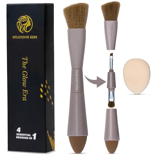 4-in-1 Travel Makeup Brush Set Includes Makeup Sponge, Eyeshadow Brush, Eyebrow/Liner Brush, Blush/Contouring Brush, and Powder Puff come with a bonus for Foundation, Concealer, Eyeshadow, Blush, Cont
