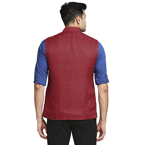 Image of Colorplus Men's Tailored Fit Pure Linen Stand Collar Yarn Dyed Pattern Full Sleeve Dark Red Casual Blazer