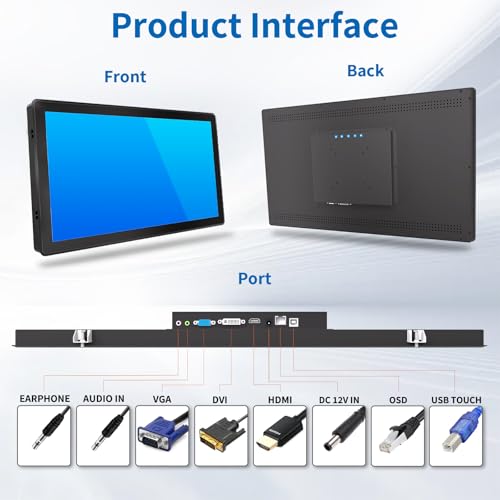 Image of 23.8 Inch Industrial Touch Screen Monitor, 10 Points Touch, Ratio 16:9 Capacitive PCAP Display, 1920 x 1080R, Active Matrix TFT LCD, LED Backlight, VGA, DVI, HD-MI Ports