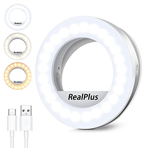 Selfie Ring Light, RealPlus Clip-on Ring Light [Rechargeable] with 40 LEDs and 3 Light Modes, Dimmable Selfie Light for Phone, Tablet, Laptop, Zoom Meeting, Makeup, Video Conference