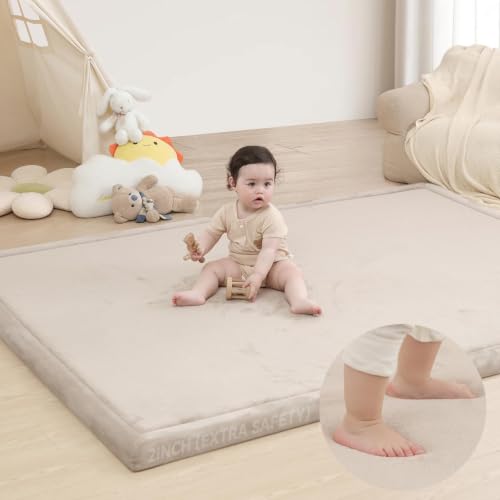 Large 79"x118" Baby Activity Play Mat for Floor,2" Extra Thick Elasti Foam Mat for Tummy Time &amp;Crawling,Non-Slip Nursery Rug for Infants,Toddlers &amp; Kids,Tatami Style for Classroom&amp;Playroom (Beige)