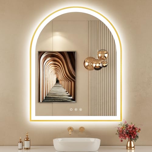 Image of 30 inchx36 inch Arched LED Mirror for Bathroom, Brushed Gold Lighted Bathroom Mirror with Lights, Fogless, Dimmable, Shatterproof, Touch Sensor, 3 Color Changing