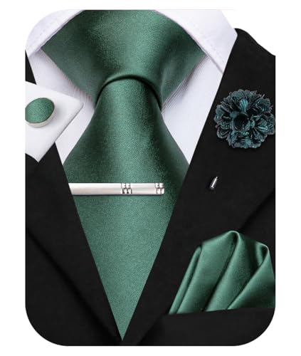 Image of Hi-Tie Silk Solid Color Dark Green Men Neckties Classic Tie and Pocket Square Lapel Pin Silver Tie Clip Cufflinks Set Wedding Business 6PCS