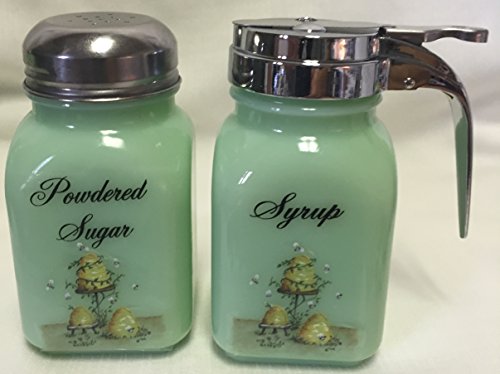 Breakfast Set - Syrup and Powdered Sugar - Jadeite - American Made - Mosser Glass USA (Bee/Hives)