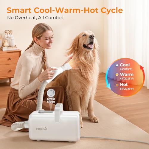 pecute Hundefön Hundetrockner, Haartrockner Blower mit Einstellbarer Temperatur & Geschwindigkeit, Haustierpflegeset Hundepflege Trockner Gebläse, Pet Dryer Kühl-Warm-Heiß Zyklusmodus