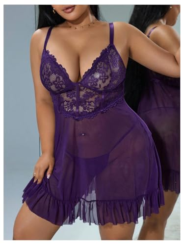 OYOANGLE Plus Size Lingerie for Women Lace Sheer Babydoll Chemise V Neck Mesh Sleepwear4