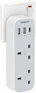 Plug Adapter with 3 USB, TESSAN Double Plug Adaptor Multi Plug Extension, 2 Way Double Plug with USB C Fast Charger Plug, Slim Multiple Plug Socket UK for Kitchen, Office, School Supplies