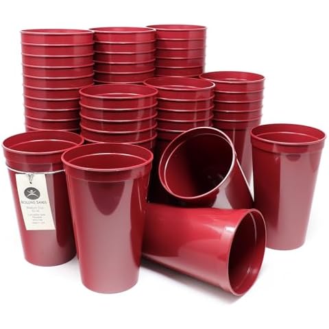 Rolling Sands 22 Oz Reusable Plastic Stadium Cups, Bulk 50 Pk, USA Made, BPA-Free Dishwasher Safe Plastic Tumblers, Maroon Cover