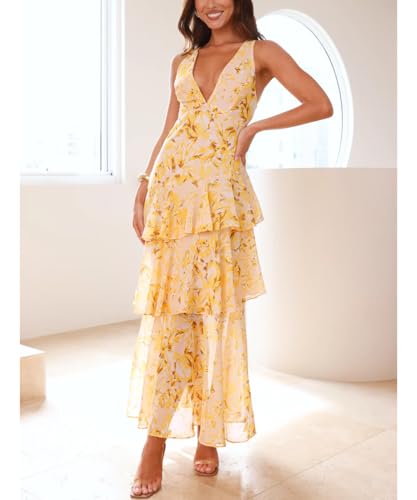Women's Sexy Deep V Neck Maxi Dress Floral Backless Ruffles Hem Cocktail Party Long Dresses2