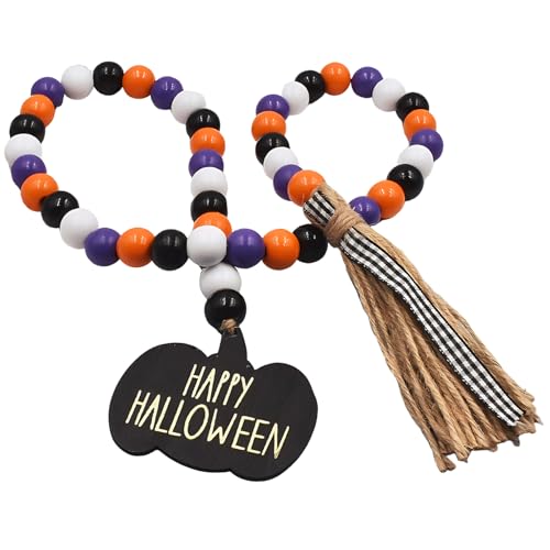 Halloween Decorations Wood Bead Garland with Tassel - Home Tiered Tray Decor with Jute Rope Plaid Tassel, Rustic Fall Room Décor for Wall Mantle Shelf Oranges Decor Thanksgiving Beads, Pumpkin Tag