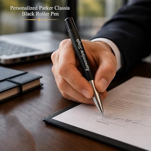 Image of SAVRI Personalized Parker Roller Pen - Name Engraved | Matte Black with Golden Clip | Valentine's Day, Corporate, Birthday Gift for Men, Women, Boss, Husband, Wife, Employee | Blue Ink Pen