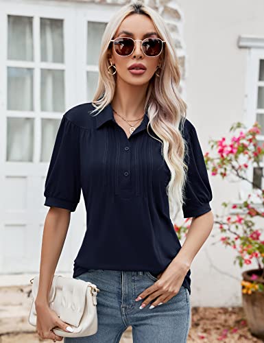 Summer Collared Tops For Women Work Short Sleeve V Neck Cotton Tunic Blouse Loose Polo Shirt Navy Blue Xl #TOP3