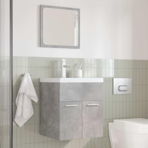 Mueble de baño gris hormigón con espejo, armario para lavabo y columna auxiliar de madera 3