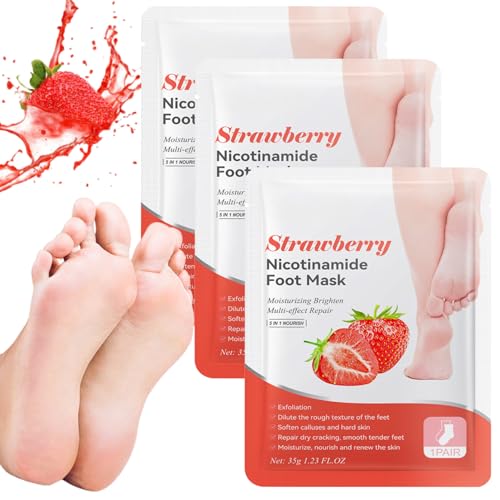 Strawberry Foot Peel Mask 3 Pack - Foot Mask - Foot Peel Mask for Hard Skin - Foot Moisturiser Socks - Foot Exfoliator - Repair Heels & Removes Dry Dead Skin Feet Masks