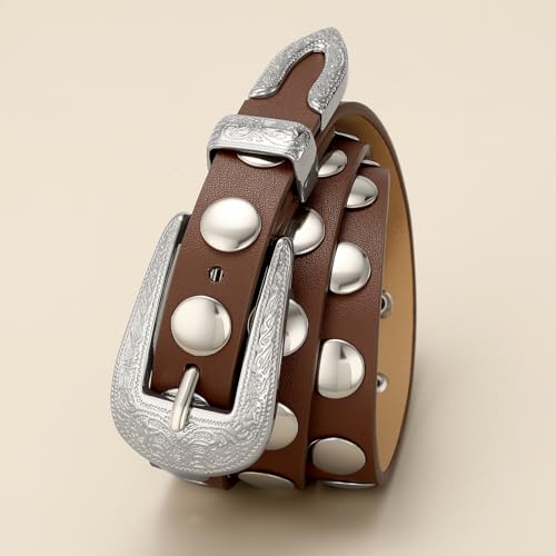 Women's Western Studded Genuine Leather Belt Skinny Vintage for Jeans4