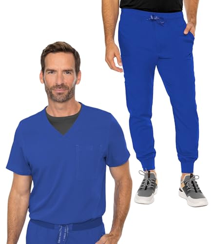 Med Couture Men’s Scrub Set Cadence One Pocket Top MC7478 & Bowen Jogger Stretchy, Ultra Soft & Easy Care Uniform MC7777, Royal, L Top/L Pant