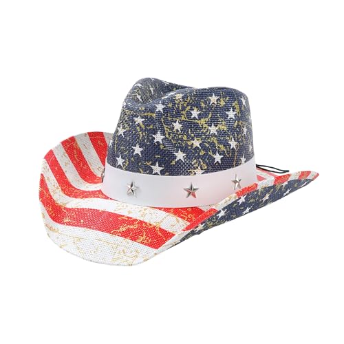 WOOH USA American Flag Cowboy Hat for Women and Men 4th of July Cowboy Hat for Men Straw Cowgirl Hats Women
