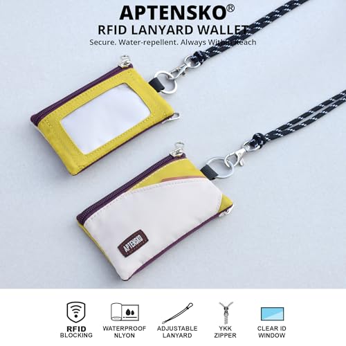 Image of RFID Blocking Travel Wallet with Adjustable Lanyard, Small Nylon Zipper Pouch and Badge Holder for ID, Credit Cards, Cash, Keys, Commuters (Almond+DarkYellow)