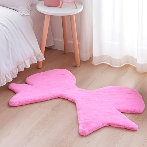 Tinideya Pink Bow Rug 2 x 3 ft Cute Coquette Bow Area Rugs for Girls Bedroom Decor Faux Rabbit Fur Fluffy Bedside Shaggy Carpet with Serged Edge Non Slip for Nursery Playroom Home Floor