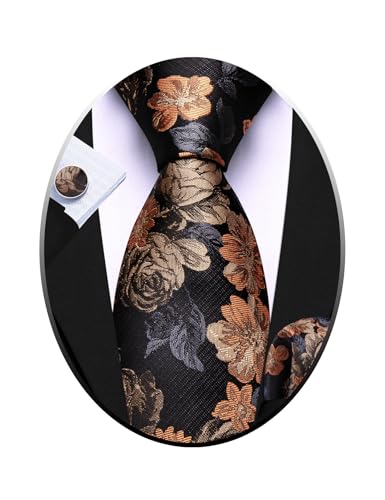 Image of Barry.Wang Flower Ties for Men Silk Woven Floral Tie Sets Necktie Handkerchief Cufflinks Wedding Party