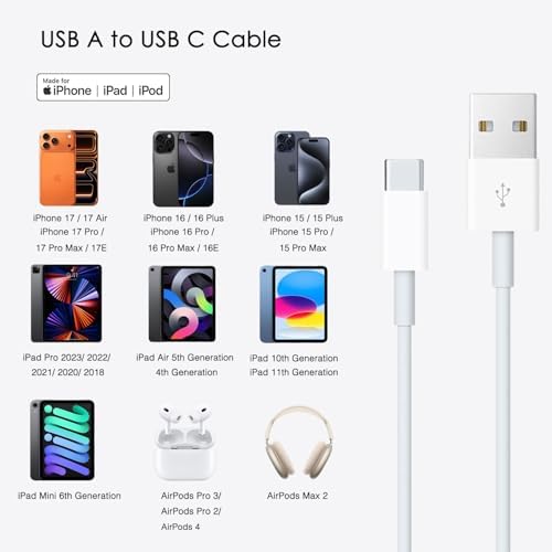 Car Carplay Cable for iPhone 17/16/15, USB A to USB C Cable Compatible for iPhone 17/16,17Air, 17/16/15 Pro Max,17E/16E/Plus, iPad 10th/11 Gen,iPad Pro 12.9,Air 5th/4th Charger Cord,Car Charging Cable - 3