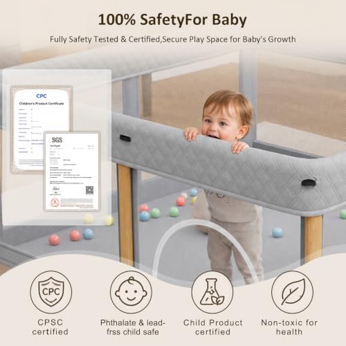 Image of TOREVSIOR Baby Playpen, 50 x 50 inches, Portable Play Yard with Carry Bag Foldable Design, Gray | Playpen for Babies and Toddlers,Indoor & Outdoor Kids Safety Play Pen, Portable Play Yard, Baby Playpen with 50 Ocean Balls
