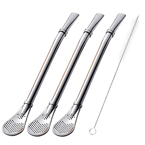 Paille bombilla yerba mate, lot de 3 pailles réutilisables colorées pour thé, café et cocktail en acier inoxydable incurvées, avec filtre à remous et cuillère de...