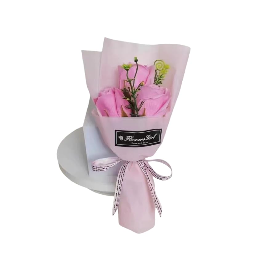Opemg 3 Heads Rose Bouquet Flower Petals Valentine Day Gifts for Women Mom Wife Best Friend Girlfriend Her, Birthday Christmas Valentine's Day from Daughter (Pink)