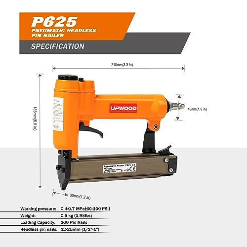 UPWOOD P625 Pneumatic 23 Gauge Headless Pin Nailer, 1/2-Inch to 1-Inch Leg Length Air Powered Micro Pinner for Furniture, Cabinets, Interior Decoration - Image 2
