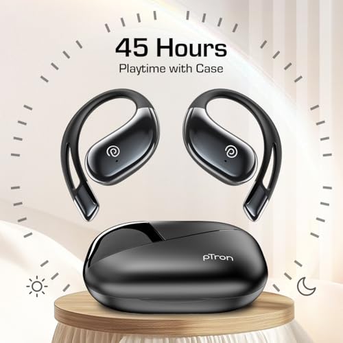 Image of pTron Bassbuds Trendz Open Ear Wireless Earbuds, SafeBeats Design, HD Mics & TruTalk AI-ENC Calls, 45Hrs Playtime, App Support, 14.2mm Drivers, BT6.0 Headphones, Type C Charging & IPX5 (Pearl Black)
