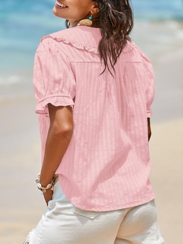 Image of Tankaneo Womens Puff Sleeve Shirts Peter Pan Collar Button Down Cotton Blouse Casual Summer Textured Tops