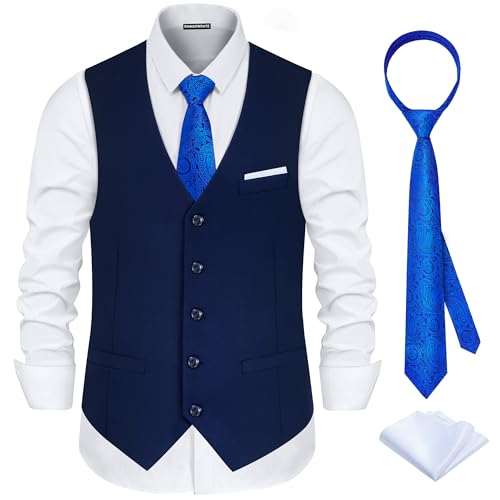 RainbowDate Navy Blue Vest for Men Classic V-Neck Slim Fit Mens Formal Suit Vest 3 Pieces with Tie and Pocket Square Youth Dress Waistcoat for Wedding Business Graduation Prom or Casual M