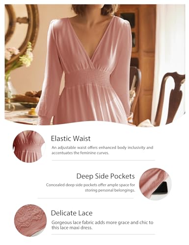 Image of Olaesa Long Sleeve Boho Maxi Dress for Women Lace Wedding Guest Dress | Spring Fall Bohemian Dress, Long Flowy Family Photo Dress with Pockets, V Neck Long Western Vacation Outfits