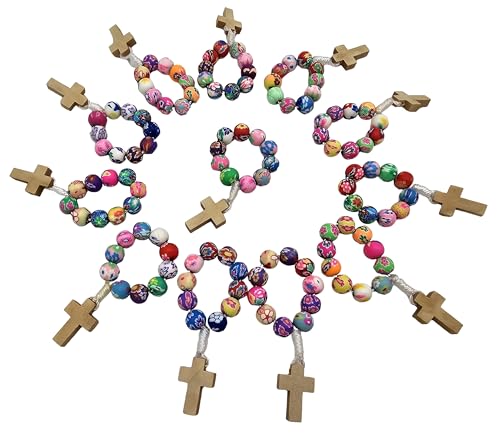 TALISMAN4U Dozen 12 pcs Multi Color Polymer Clay Beads Catholic Finger Rosary Ring with Cross Holy Land Religious Gift3