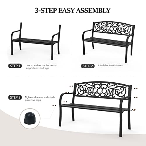 Image of VINGLI Outdoor Bench for Patio Metal Garden Bench w /PVC Back Pattern, Black Park Benches Front Porch Benches for Yard Lawn Decor Deck Entryway (Black-Welcome)