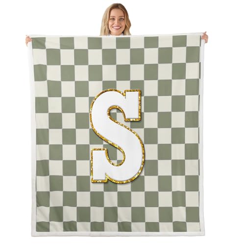 Image of Erosebridal Sage Green Checkered Fleece Blanket 40 inchx50 inch Plaid Initial S Sherpa Blanket Personalized Monogram Fuzzy Plush Throw for Kids Boys Girls,Fashion Grids Gingham Decor for Bed Couch