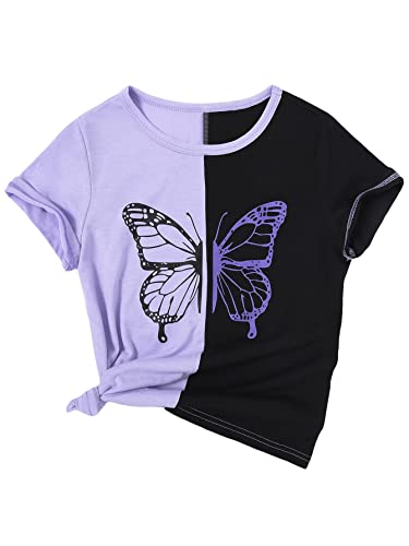 SOLY HUX Girl's Color Block Butterfly Print Tee Short Sleeve Summer T Shirt Tops