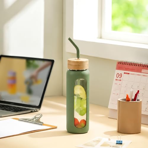 Image of 32 oz Glass Water Bottle with Straw - 2 Lids (Bamboo & Spout Lid), 1L Motivational Borosilicate Glass Daily Water Intake Bottle with Time Marker, Silicone Sleeve for Home Office-Olive