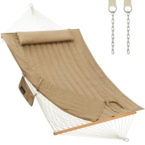 CHULIM Outdoor Double Hammock with Hardwood Spreader Bars, Large Rope Hammock with Polyester Pad and Pillow, 475 LBS Capacity for 2 Person Patio Backyard Poolside - Tan