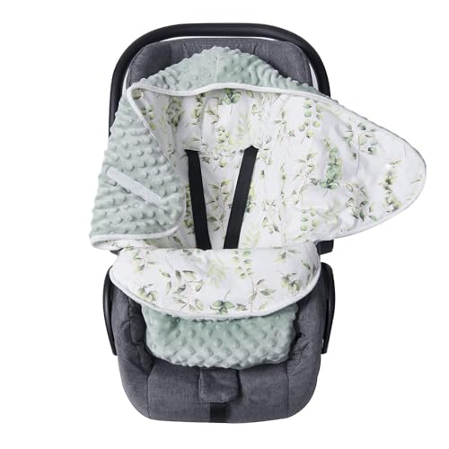 Image of Miracle Baby Car Seat Covers, 100% Cotton Winter Minky Baby Swaddle Blanket for Boys Girls Newborn Baby Swaddle Wrap Soft Thick Baby Swaddling Blanket for Baby Seat 0-6 Months (Green Leaves)