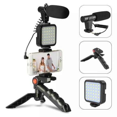 Tripé Suporte De Celular Com Iluminação De Led Microfone Condensador P2 Com Controle Sem Fio Tripod