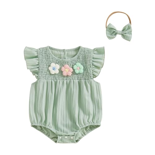 Newborn Baby Girl Outfits Cute 3D Knit Floral Summer Clothes Infant Fly Sleeve Bubble Romper Headband Clothing