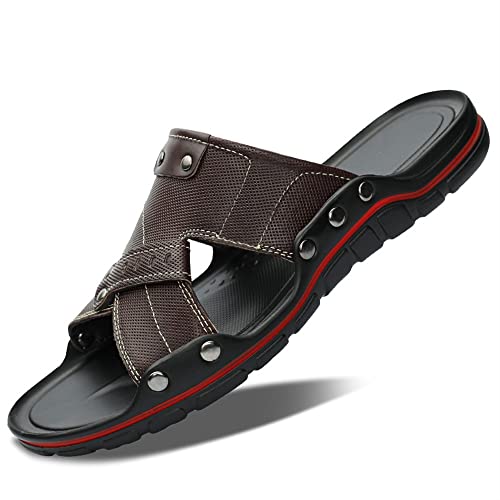 Men's Slide Sandals Lightweight Genuine Leather Open Toe Beach Sandal Water Resistant Summer Slide Sandal