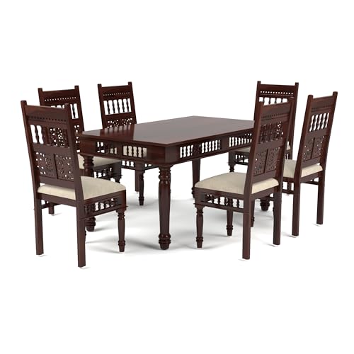 Image of Solid Sheesham Wood Traditional Dining Table 6 Seater Wooden Six Seater Dinning Table with 6 Chairs for Home Chairs with Cushion Dining Room Sets for Restaurants (Walnut Finish)